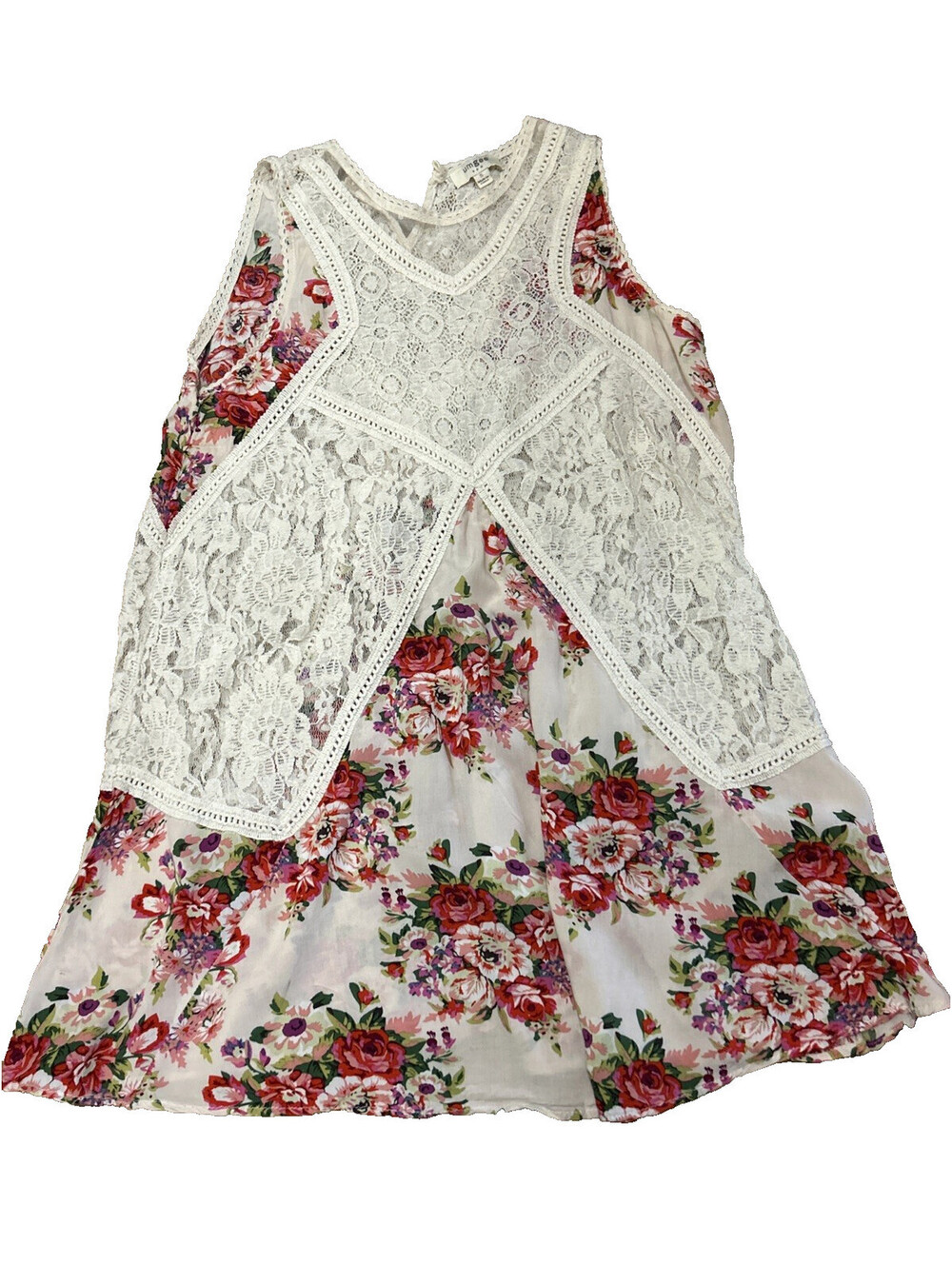 Umgee Size S Rose Floral & Lace Sleeveless Dress Cottage Core Peasant Boho